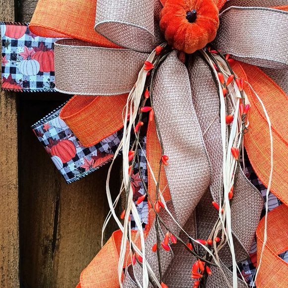 Fall Buffalo Check Bow, Tree Topper,Pumpkin Bow, Harvest Bow, Bow for wreath - Picture 2 of 6